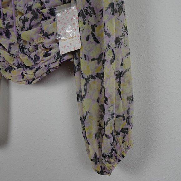 Free People Mabel Printed Blouse Top Women's XS Purple Yellow Open Back - Picture 7 of 16